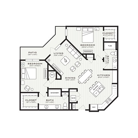 Floor plan for 2 beds, 2 baths, 1256 sqft